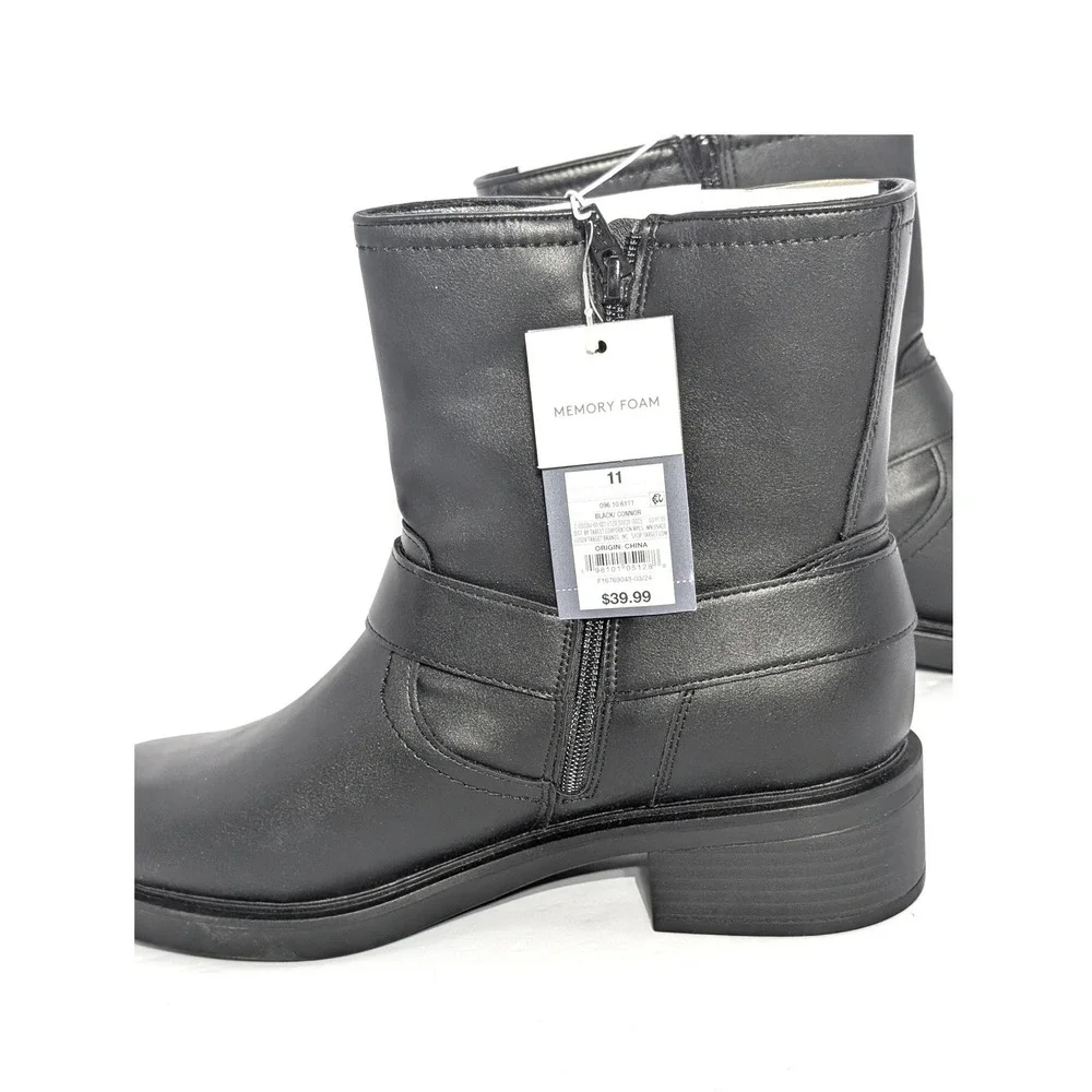 Black Moto Harness Ankle Boot 11 Buckle Strap Biker Western Side Zip Chunky Heel - Picture 3 of 6